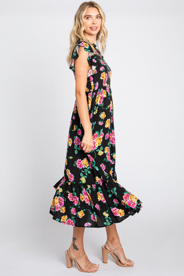 Black Floral Ruffle Shoulder Tiered Midi Dress