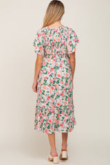 Cream Floral Smocked Flutter Sleeve Maternity Midi Dress