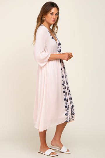 Light Pink Floral Embroidered 3/4 Sleeve Midi Dress