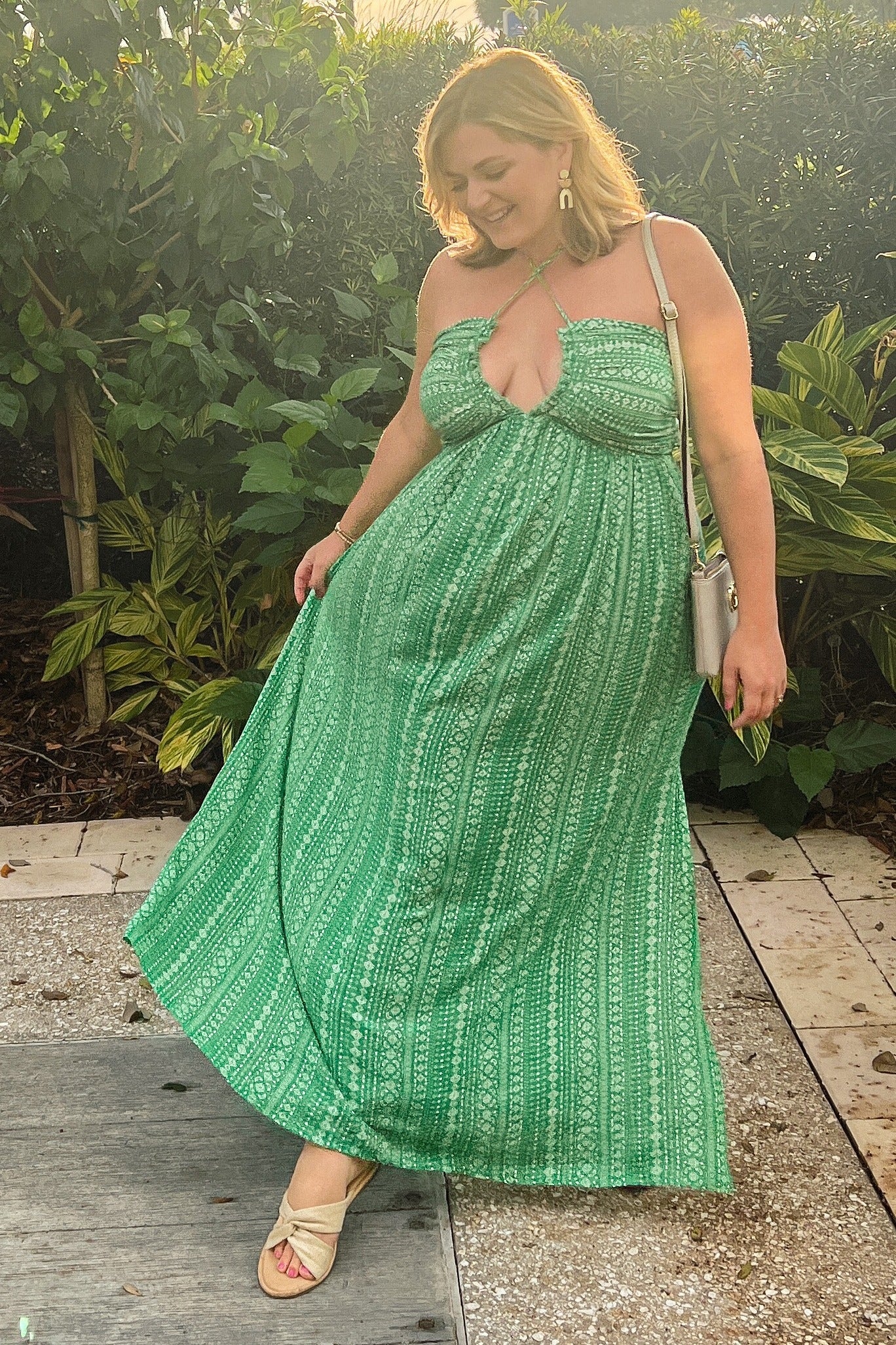 Green Halter Printed Side Slit Maternity Maxi Dress