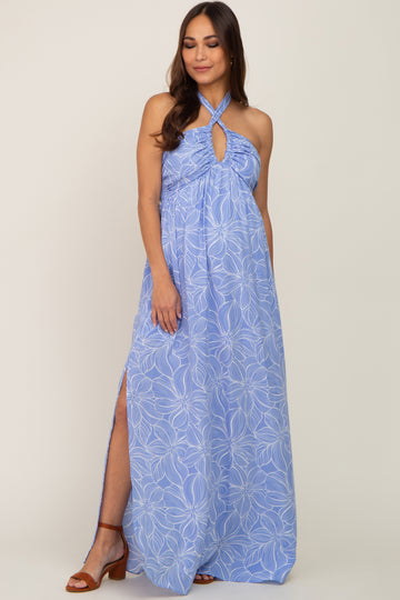 Blue Floral Halter Neck Maternity Maxi Dress