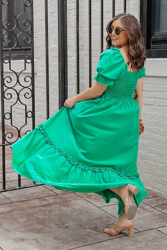 Green Puff Sleeve Ruffle Accent Maxi Dress
