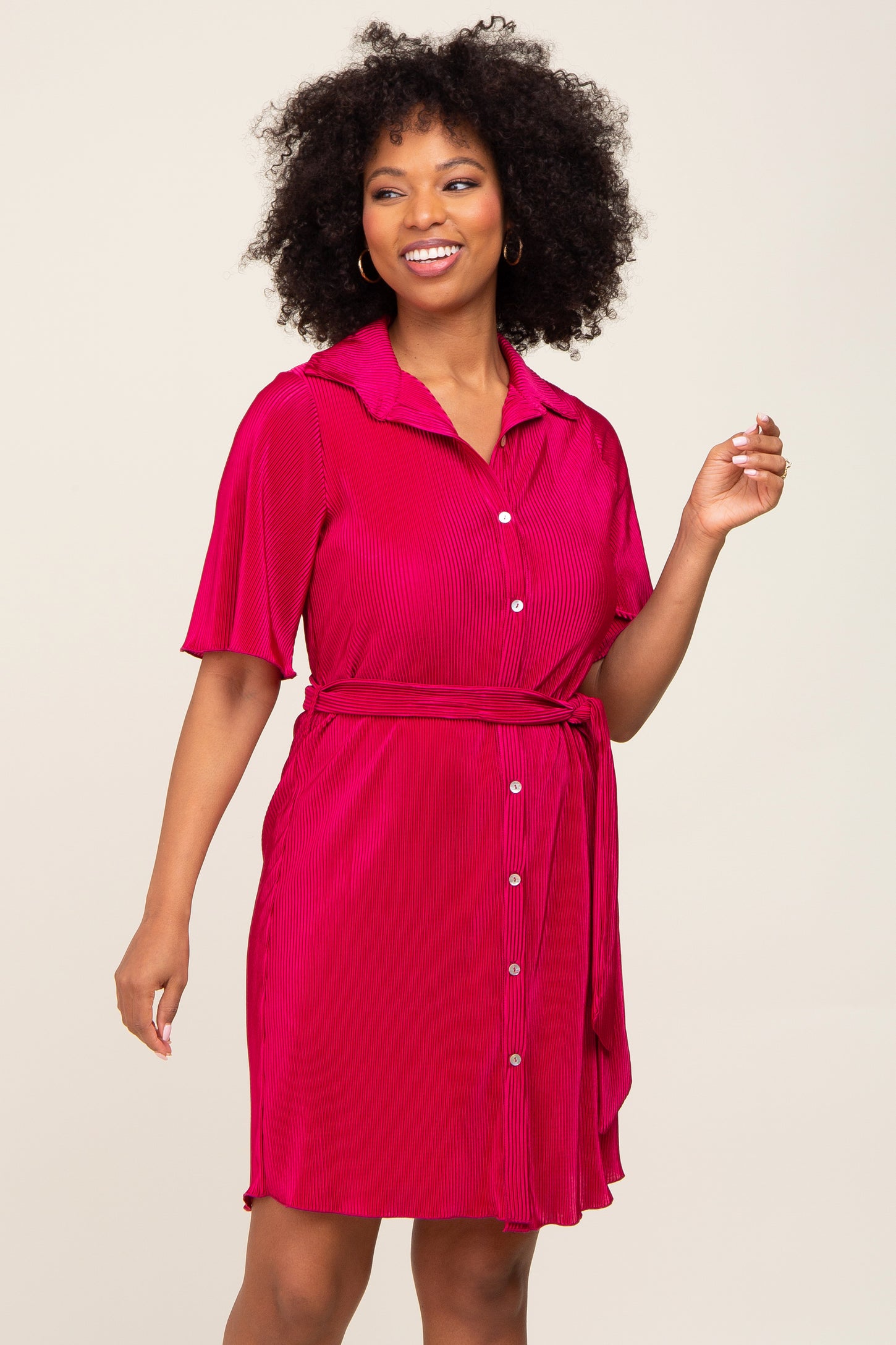 Magenta Pleated Button Front Tied Waist Maternity Dress