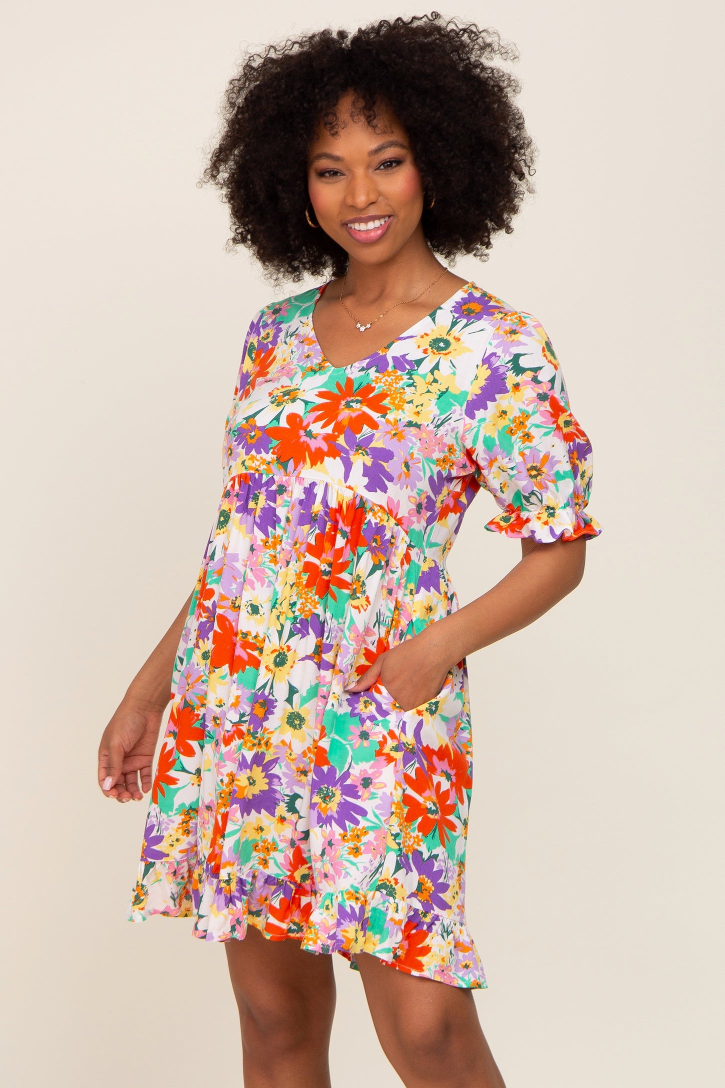 Ivory Floral V-Neck Puff Sleeve Maternity Dress