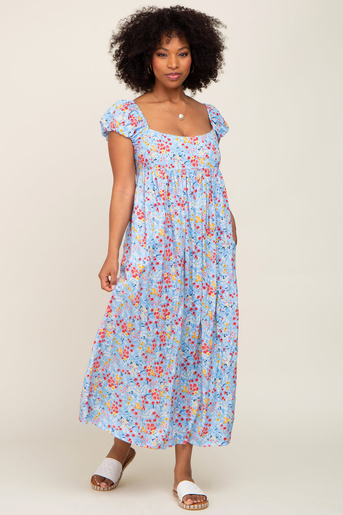Light Blue Floral Back Cutout Midi Dress