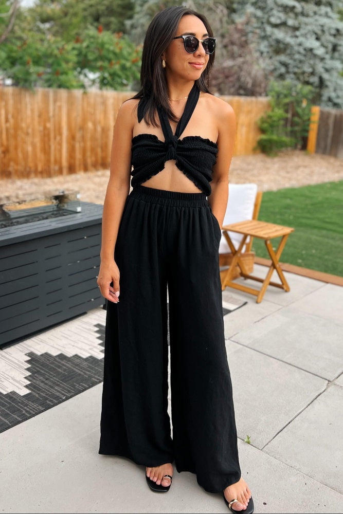 Black Front Tie Crop Top and Pant Set