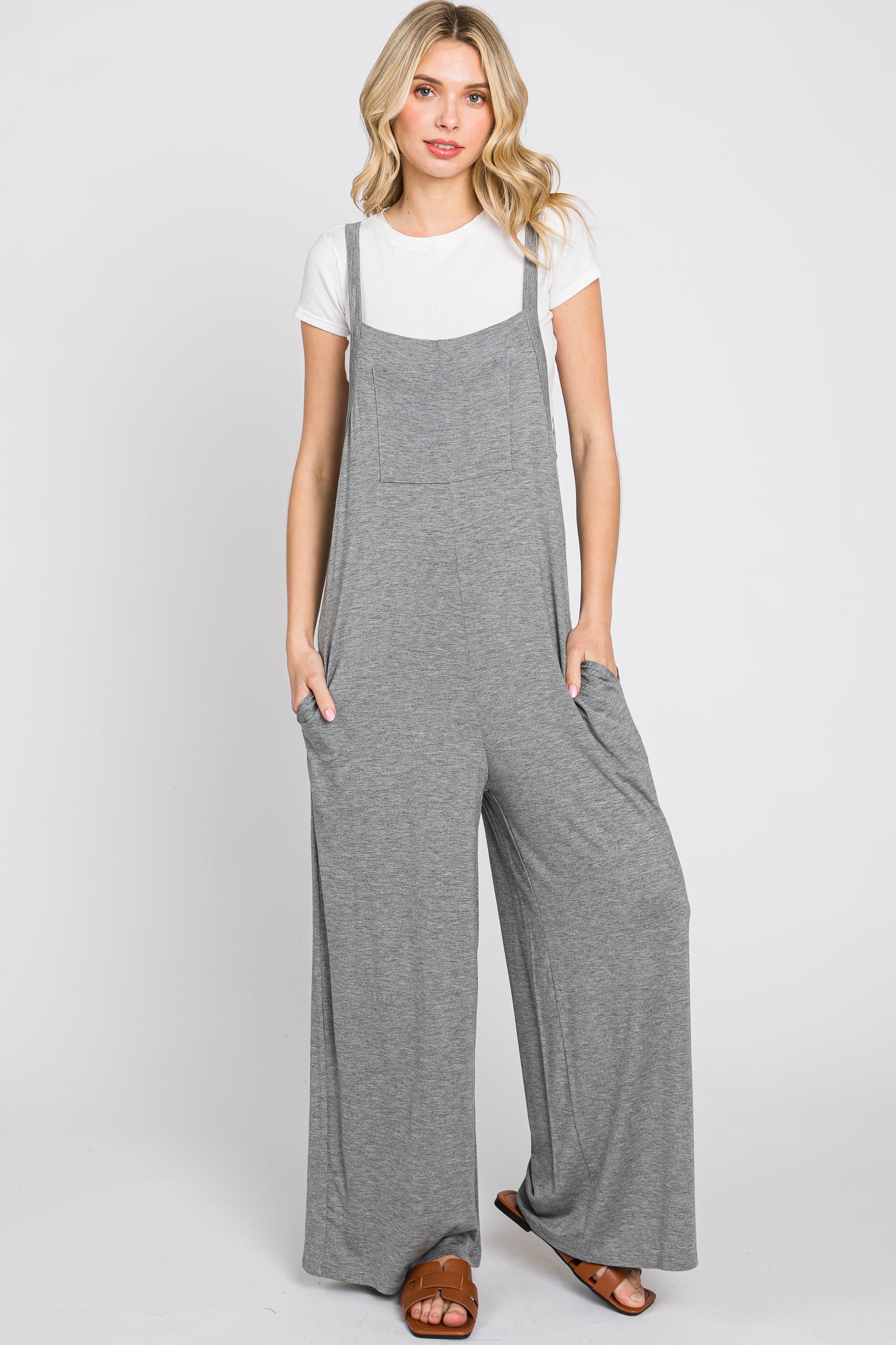 Heather Grey Sleeveless Pocketed Wide Leg Jumpsuit