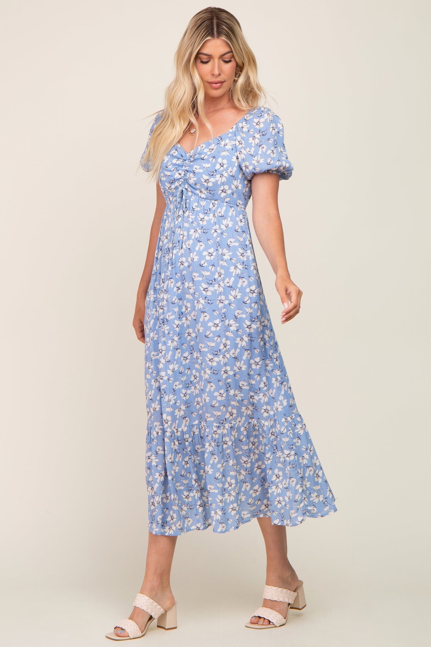 Blue Floral Sweetheart Drawstring Neck Short Sleeve Midi Dress