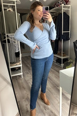 Blue Ribbed Long Sleeve Wrap Nursing Top