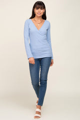 Blue Ribbed Long Sleeve Wrap Nursing Top