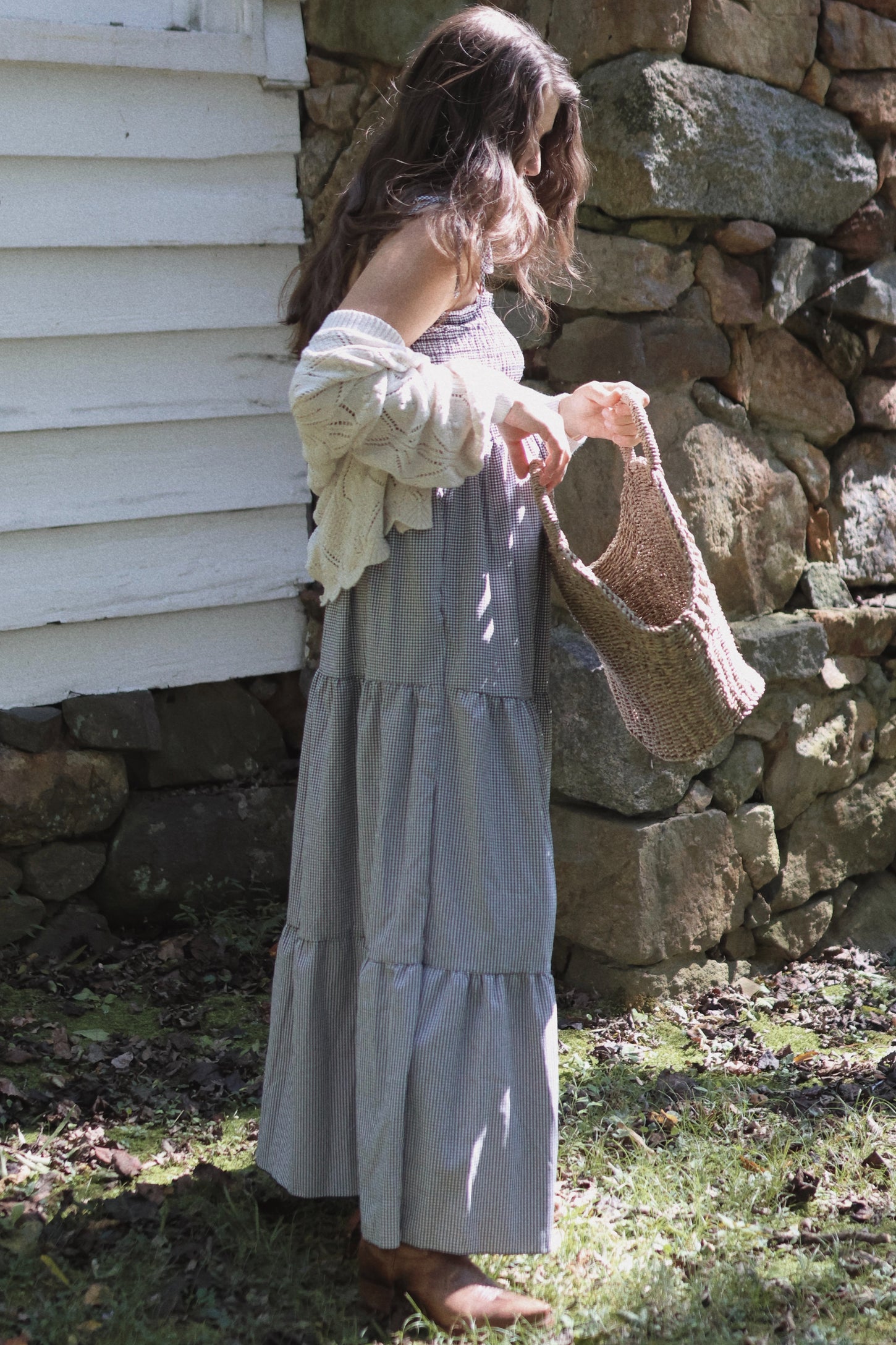 Black Gingham Smocked Shoulder Tie Tiered Maternity Maxi Dress