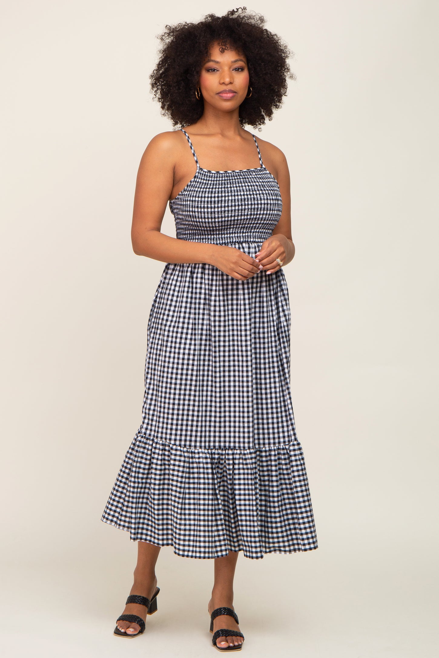Black Gingham Smocked Maternity Midi Dress