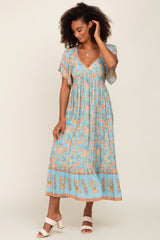 Aqua Floral Print Wrap V-Neck Maternity Midi Dress