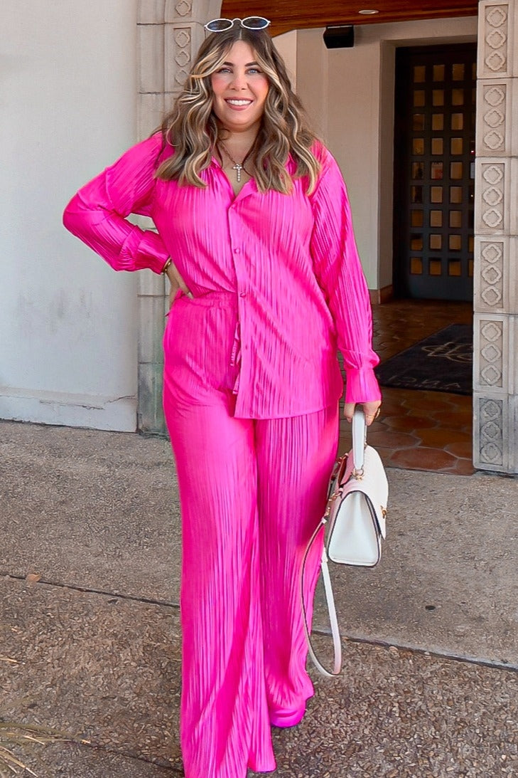 Fuchsia Pleated Plisse Button Up Two-Piece Set