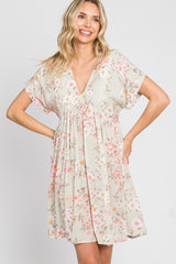Light Olive Floral V-Neck Short Sleeve Maternity Dress