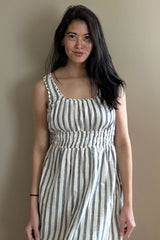 Blue Striped Sleeveless Ruffle Hem Midi Dress