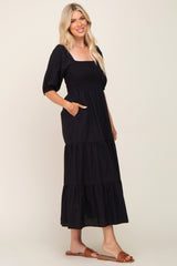 Black Square Neck Smocked Tiered Maxi Dress
