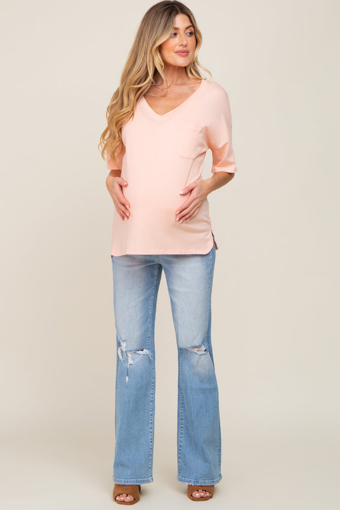 Peach Pocketed V-Neck Maternity Top