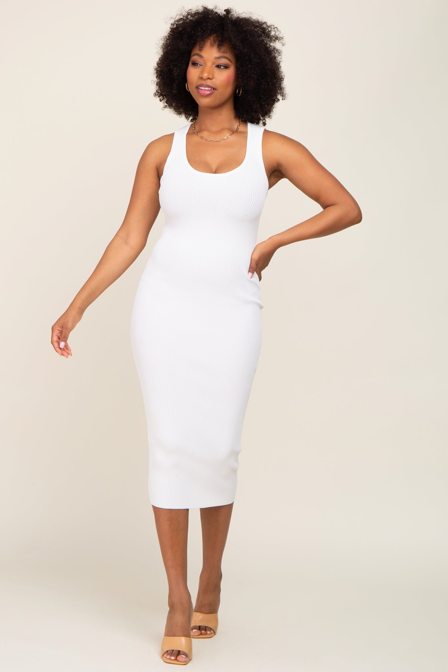 White Ribbed Low Back Cut Out Sleeveless Maternity Midi Dress