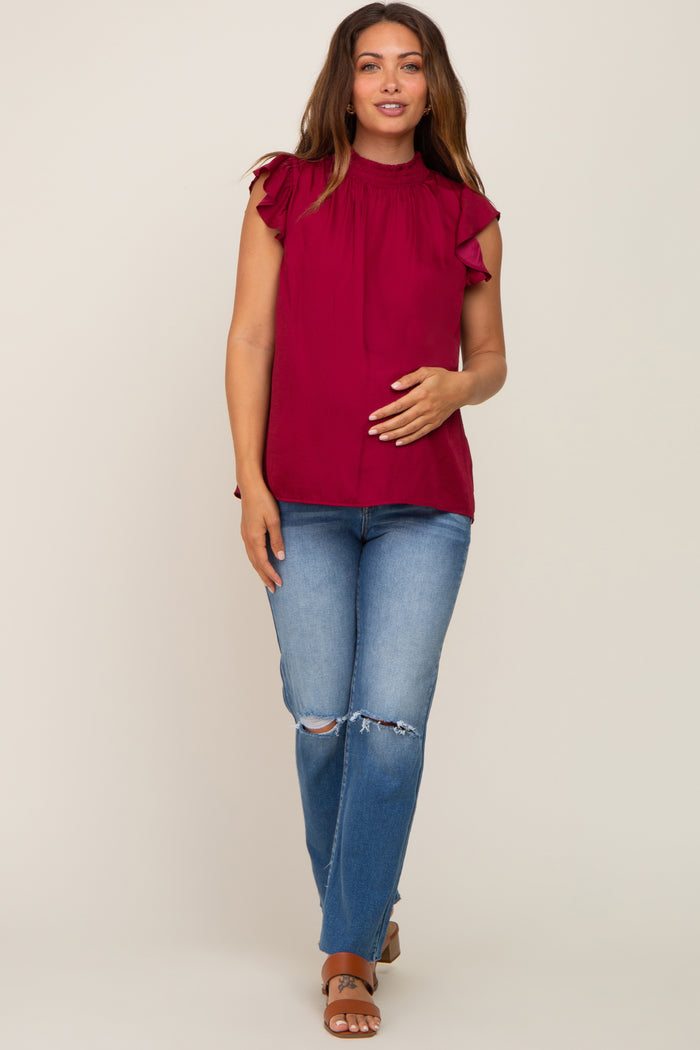 Burgundy Mock Neck Flutter Maternity Blouse