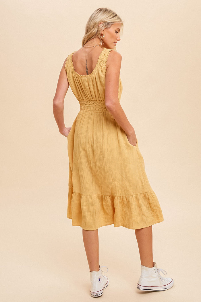 Yellow Gauze Smocked Waist Lettuce Trim Midi Dress