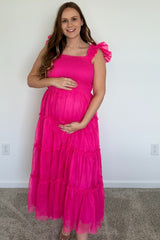 Fuchsia Smocked Mesh Ruffle Accent Maternity Midi Dress