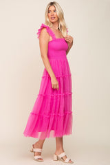 Fuchsia Smocked Mesh Ruffle Accent Midi Dress