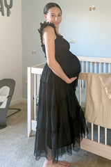 Black Smocked Mesh Ruffle Accent Maternity Midi Dress