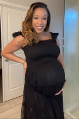 Black Smocked Mesh Ruffle Accent Maternity Midi Dress