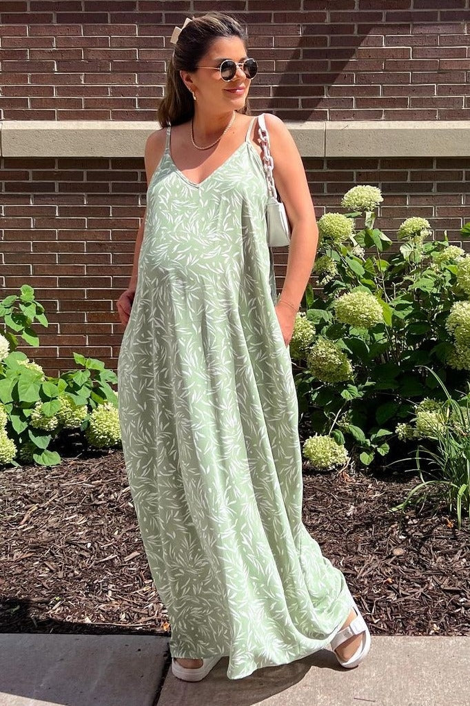 Light Olive Leaf Print Double V-Neck Maternity Maxi Dress