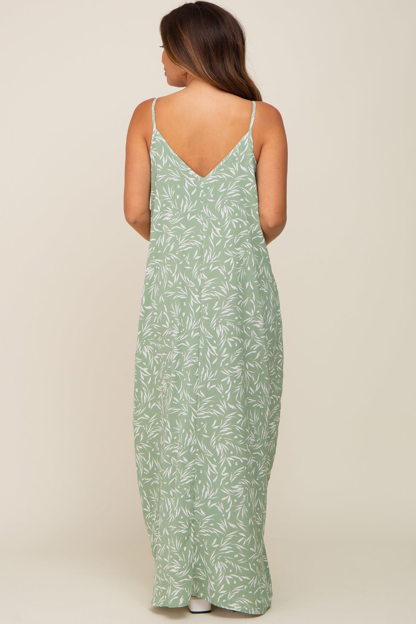 Light Olive Leaf Print Double V-Neck Maternity Maxi Dress