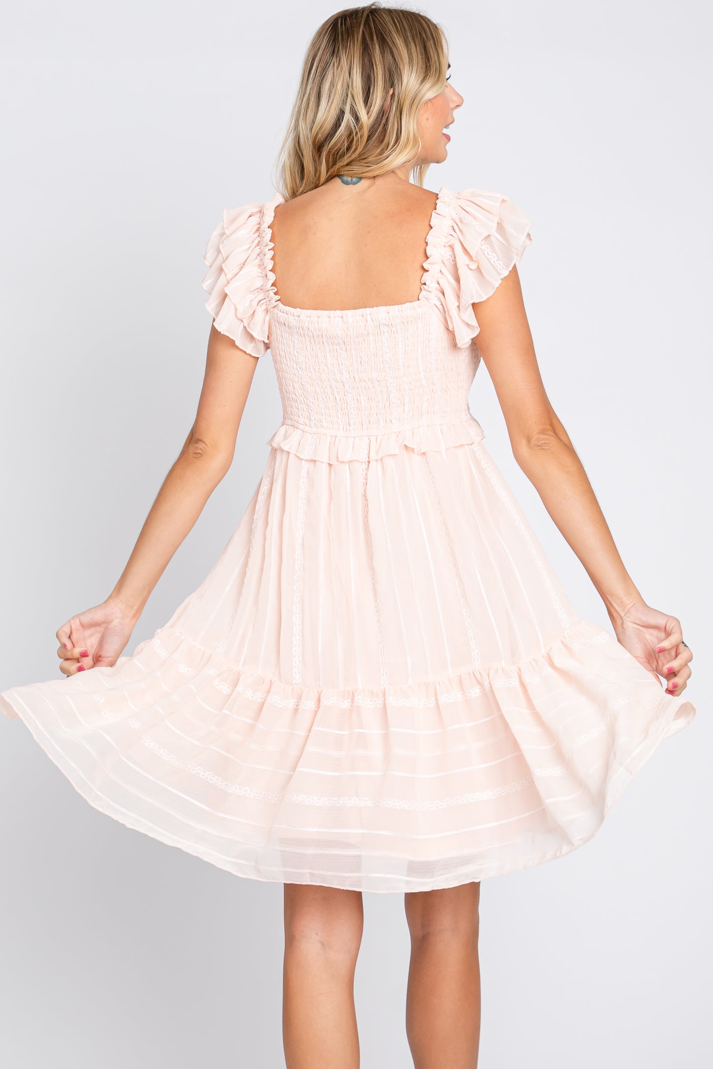Light Pink Striped Trim Layered Flounce Sleeve Dress
