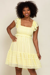 Yellow Striped Trim Layered Flounce Sleeve Dress