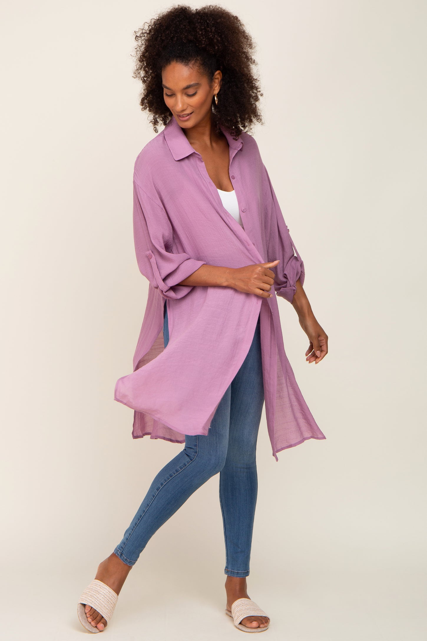 Lilac Button Front Side Slit Oversized Blouse