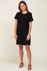 Black Ribbed Front Pocket Dolman Short Sleeve Dress