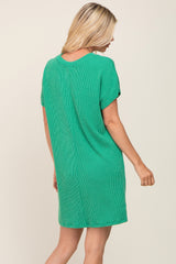 Green Ribbed Front Pocket Dolman Short Sleeve Dress