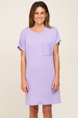 Lavender Ribbed Front Pocket Dolman Short Sleeve Dress