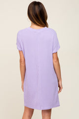 Lavender Ribbed Front Pocket Dolman Short Sleeve Dress