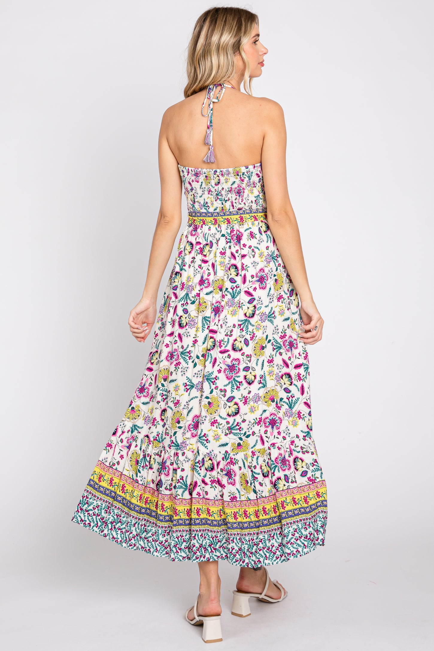 Multicolor Floral Halter Waist Tie Midi Dress
