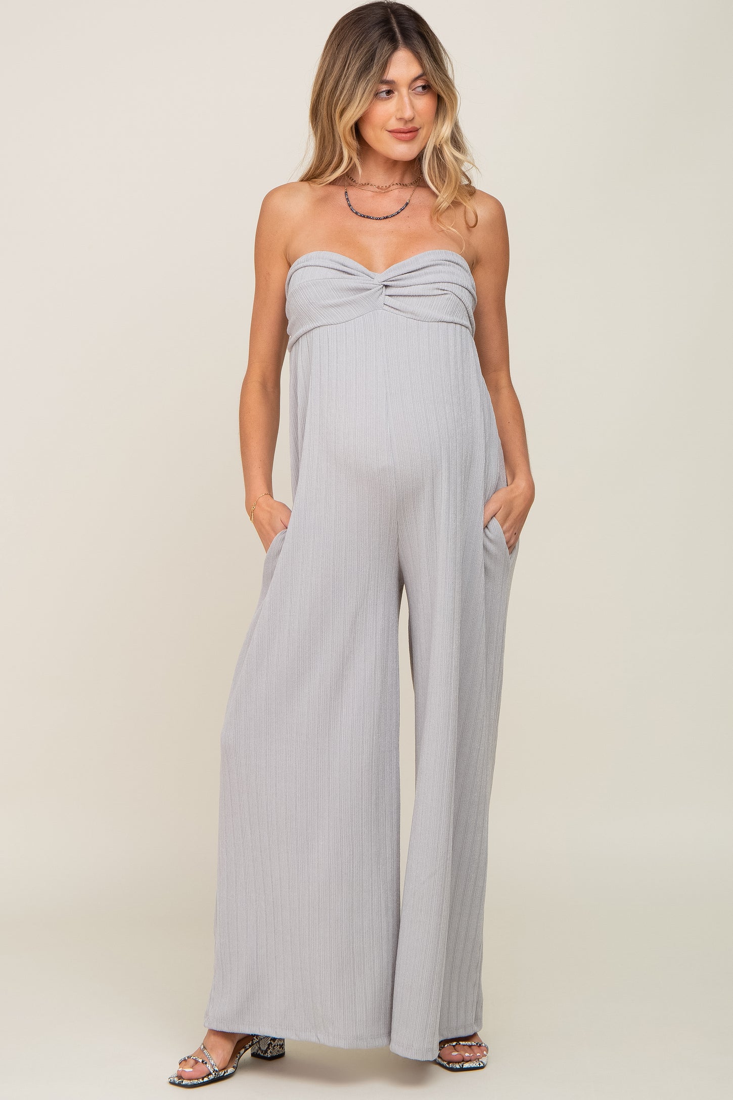 Grey Strapless Front Twist Maternity Jumpsuit