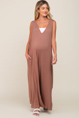 Mocha Deep V Sleeveless Wide Leg Maternity Jumpsuit
