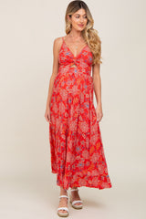 Red Floral Front Twist Maternity Maxi Dress