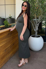 Olive Ribbed Basic Maternity Maxi Dress