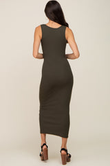 Olive Ribbed Basic Maxi Dress