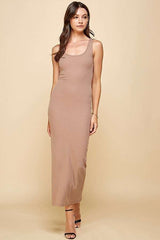 Beige Ribbed Basic Maxi Dress
