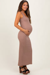 Taupe Ribbed Basic Maternity Maxi Dress