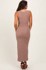 Taupe Ribbed Basic Maternity Maxi Dress
