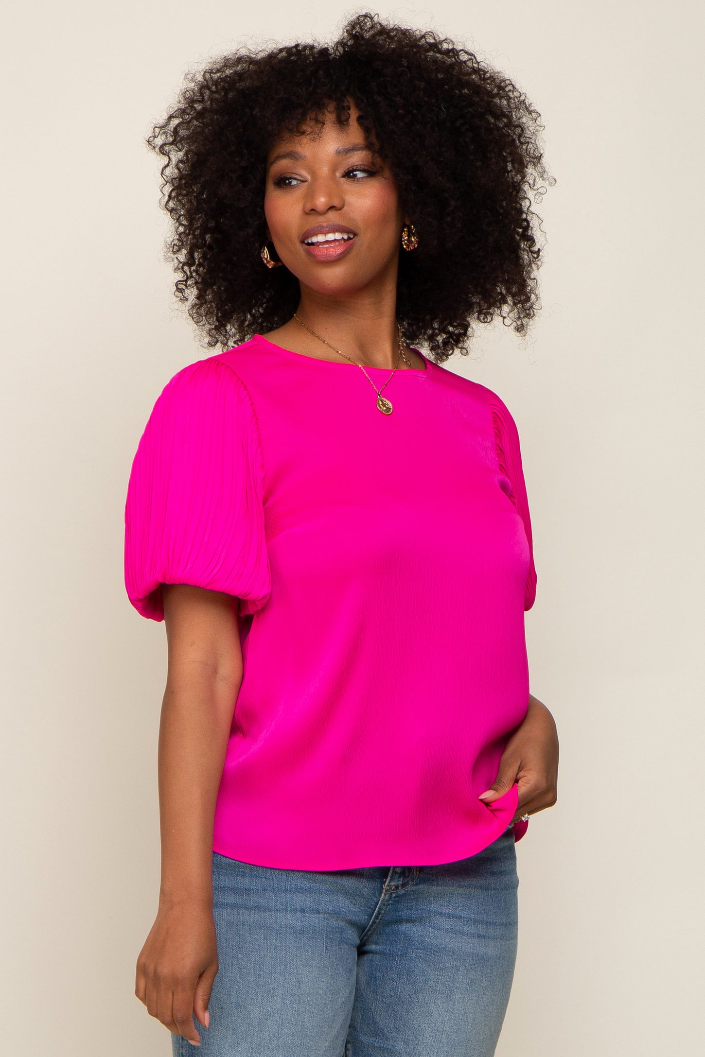 Fuchsia Satin Pleated Puff Short Sleeve Maternity Blouse