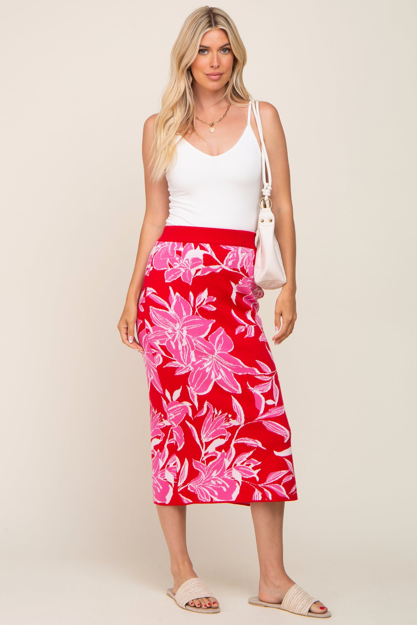 Red Floral Knit Midi Skirt