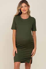 Olive Ribbed Basic Short Sleeve Maternity Dress